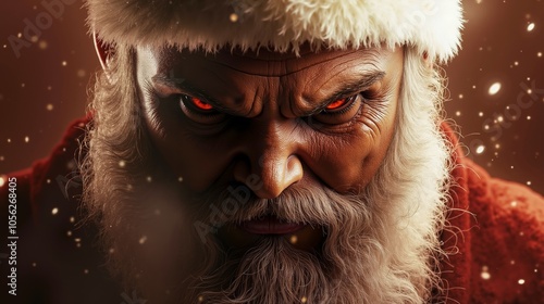 A close up of a santa claus face with red eyes and a white beard