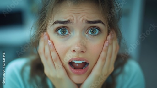 Young woman with wide-eyed shocked expression, face close-up, surprised emotion, reaction, astonishment, expressive, human emotion, close-up face, wide eyes, shocked look, amazed photo