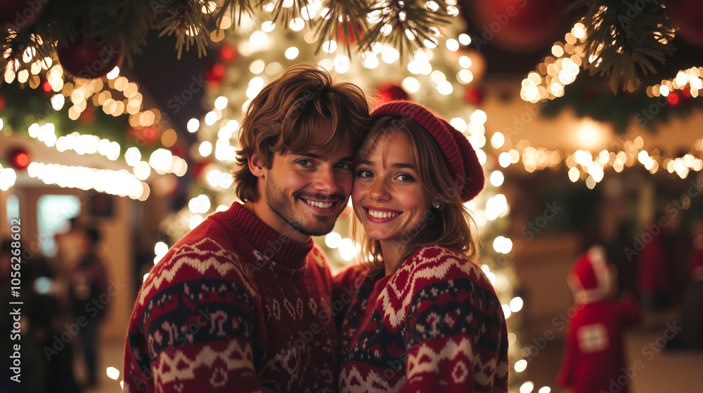 A man and woman standing next to each other in front of a Christmas tree A man and woman standing next to each other in front of a Christmas tree