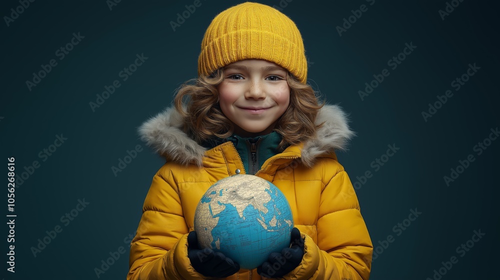 Naklejka premium Smiling Child in Yellow Coat Holding Globe, Representing Environmental Awareness, Global Responsibility, and Future Generations, Generative AI