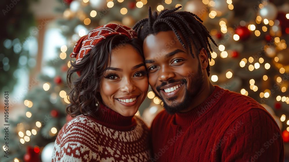 A man and woman standing in front of a christmas tree A man and woman standing in front of a christmas tree