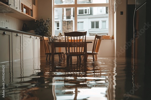Flooded kitchen and dining area with water covering the floor in an apartment on a rainy day