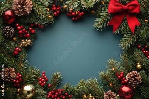 Christmas tree frame border with green fir branches, red bow, berries and gold lights isolated on pink background. Pine, xmas evergreen plants frame. garland decoration, holiday card, copy space