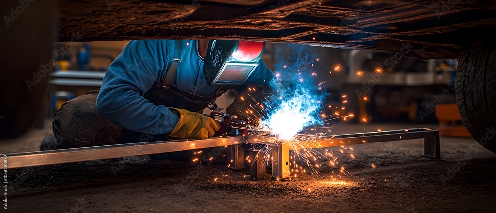 A welder working under a vehicle, creating sparks while welding metal components. A welder working under a vehicle, creating sparks while welding metal components.