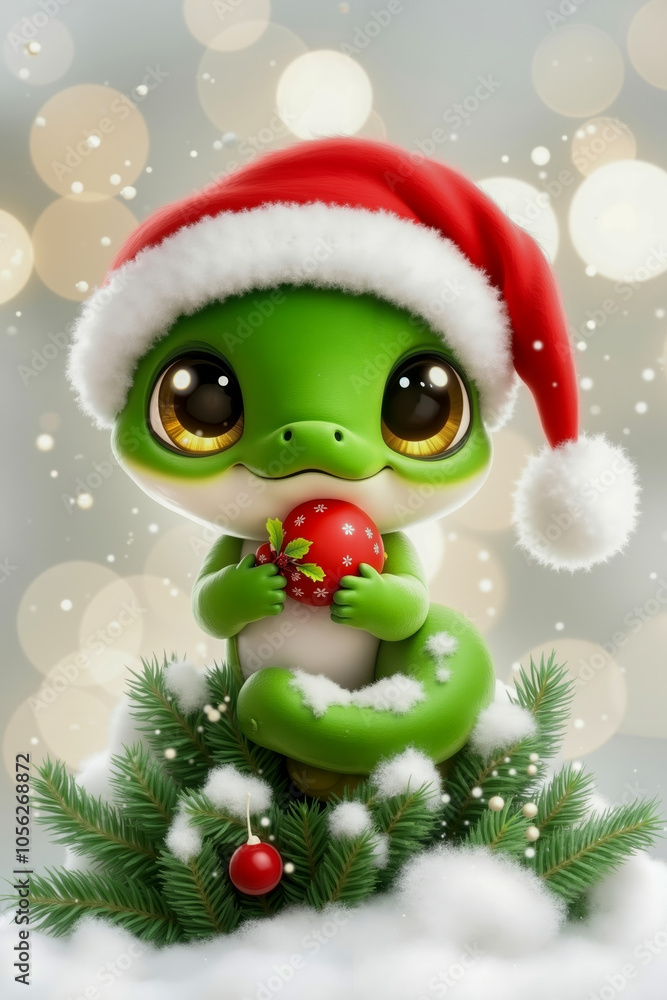 A green turtle wearing a santa hat sitting on top of a tree A green turtle wearing a santa hat sitting on top of a tree