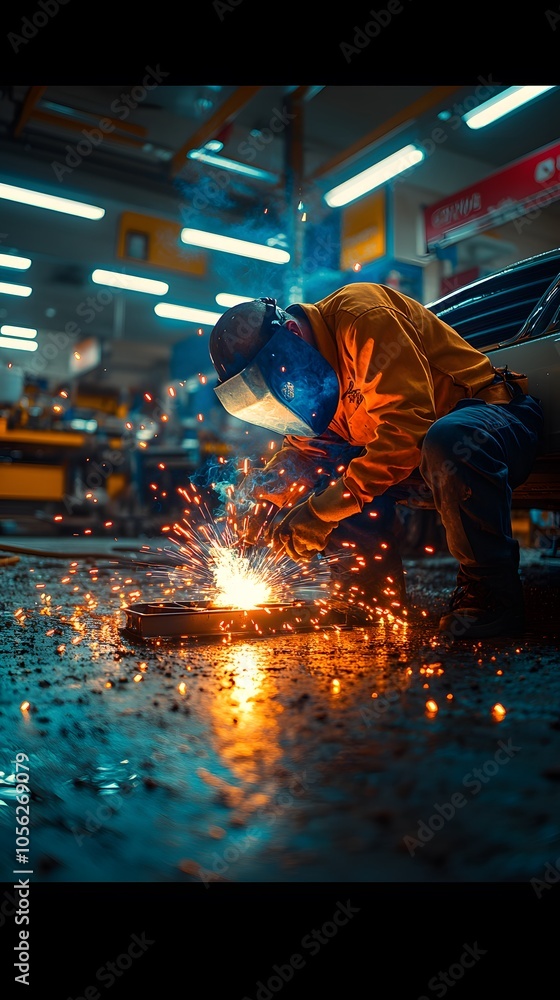 A welder works in a workshop, creating sparks during metal fabrication. A welder works in a workshop, creating sparks during metal fabrication.