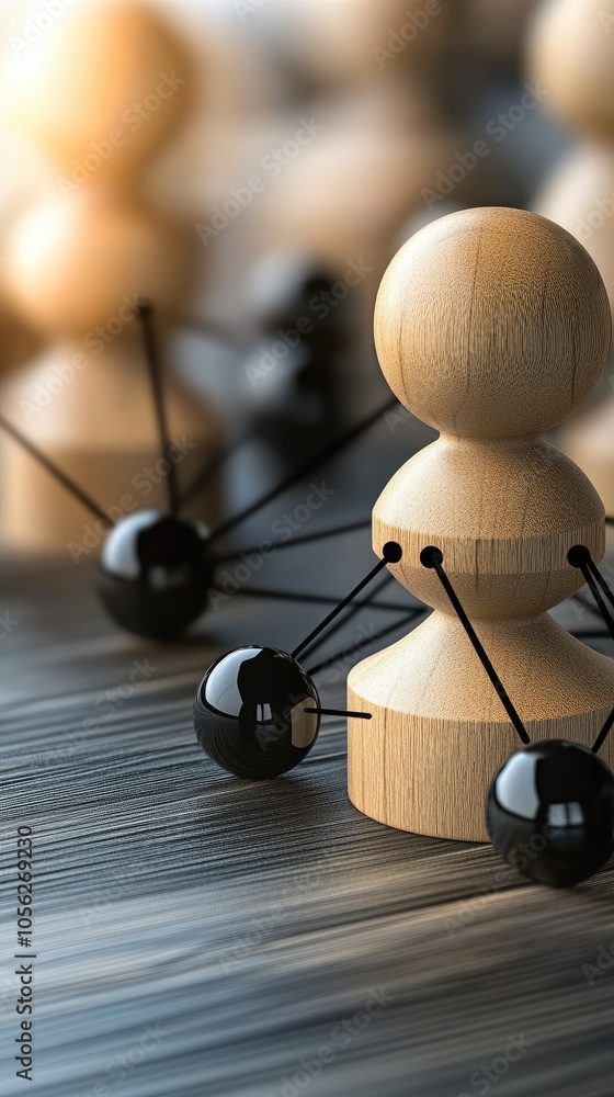 Obraz premium Wooden figures connected by black lines illustrate the concept of social and business networking against a vibrant blue background