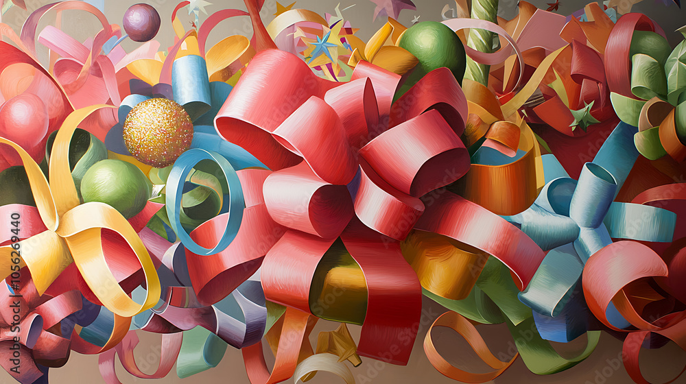 Brightly colored ribbons and bows create festive atmosphere, perfect for holiday celebrations. vibrant hues and playful shapes evoke joy and excitement Brightly colored ribbons and bows create festive atmosphere, perfect for holiday celebrations. vibrant hues and playful shapes evoke joy and excitement