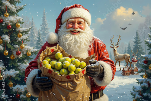 A santa claus holding a bag of apples in front of a Christmas tree photo