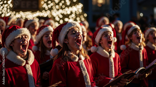 A group of young people in red coats and santa hats singing in a choir