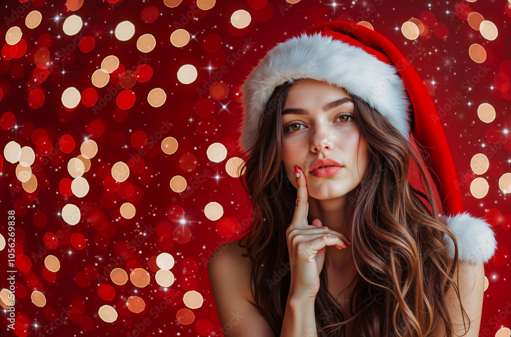 A woman in a santa hat with her finger on her lips A woman in a santa hat with her finger on her lips