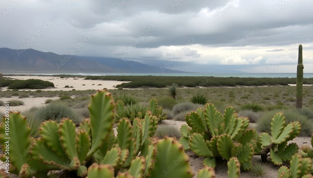 In the background, a desert landscape features a beach, palm trees, and a stormy sky In the background, a desert landscape features a beach, palm trees, and a stormy sky