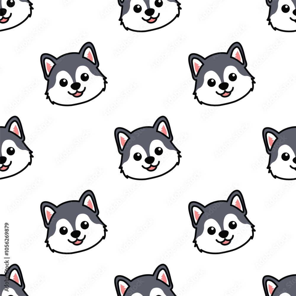 Cute siberian husky puppy face cartoon seamless pattern, vector illustration Cute siberian husky puppy face cartoon seamless pattern, vector illustration
