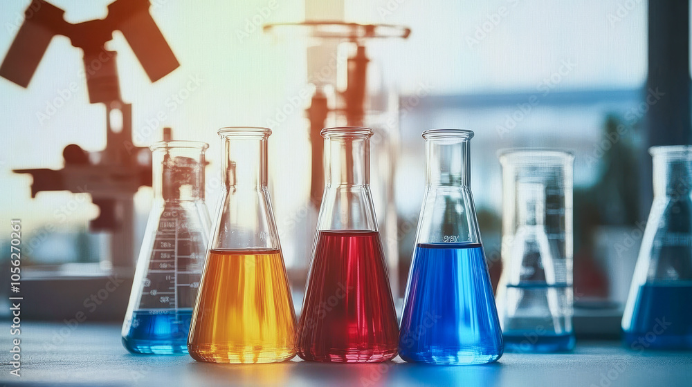 Glass test tubes with liquid stand on a table in a medical laboratory. Glass test tubes with liquid stand on a table in a medical laboratory.