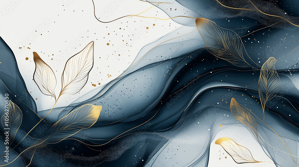 Naklejka premium Abstract art background vector. Luxury minimalist style wallpaper with gold line art flowers and plants leaves, watercolor painting