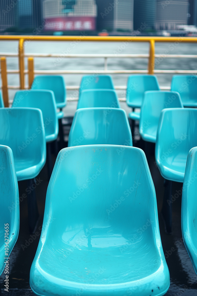 Fototapeta premium plastic retro chairs of a ferry boat in a city