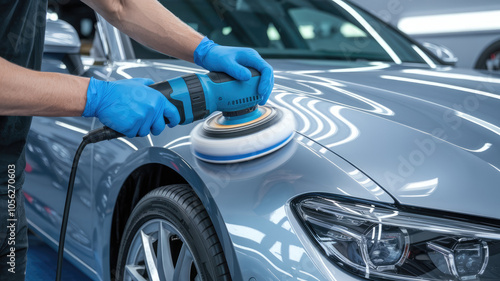 A man polishes a car with a blue and white polisher. The car is silver and shiny