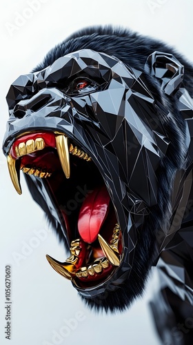 A black and gold gorilla head made of geometric shapes, with sharp teeth and a red tongue, is roaring against a white background in a close-up shot. It is a 3D rendering digital art with high resoluti photo