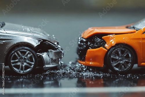 Two toy cars collide dramatically on a white backdrop, showcasing a high-speed crash in a miniature racing scenario