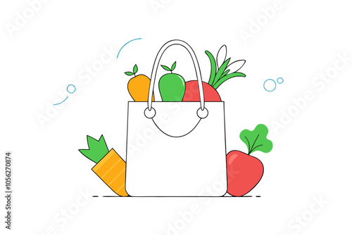 Organic Goodness Line Drawing of a Vegetable-Filled Shopping Bag