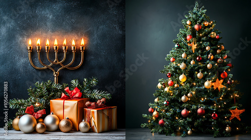 menorah and beautifully decorated Christmas tree are displayed side by side, creating warm and festive atmosphere. glowing lights enhance holiday spirit photo