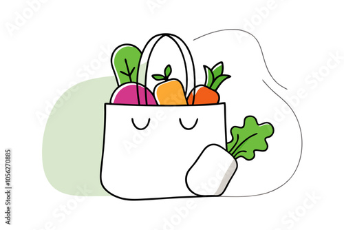 Organic Goodness Line Drawing of a Vegetable-Filled Shopping Bag