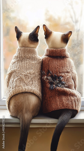 Pair of Siamese sealpoint cats in knitted sweaters sitting on windowsill photo