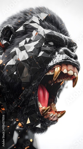 A black and gold gorilla head made of geometric shapes, with sharp teeth and a red tongue, is roaring against a white background in a close-up shot. It is a 3D rendering digital art with high resoluti photo