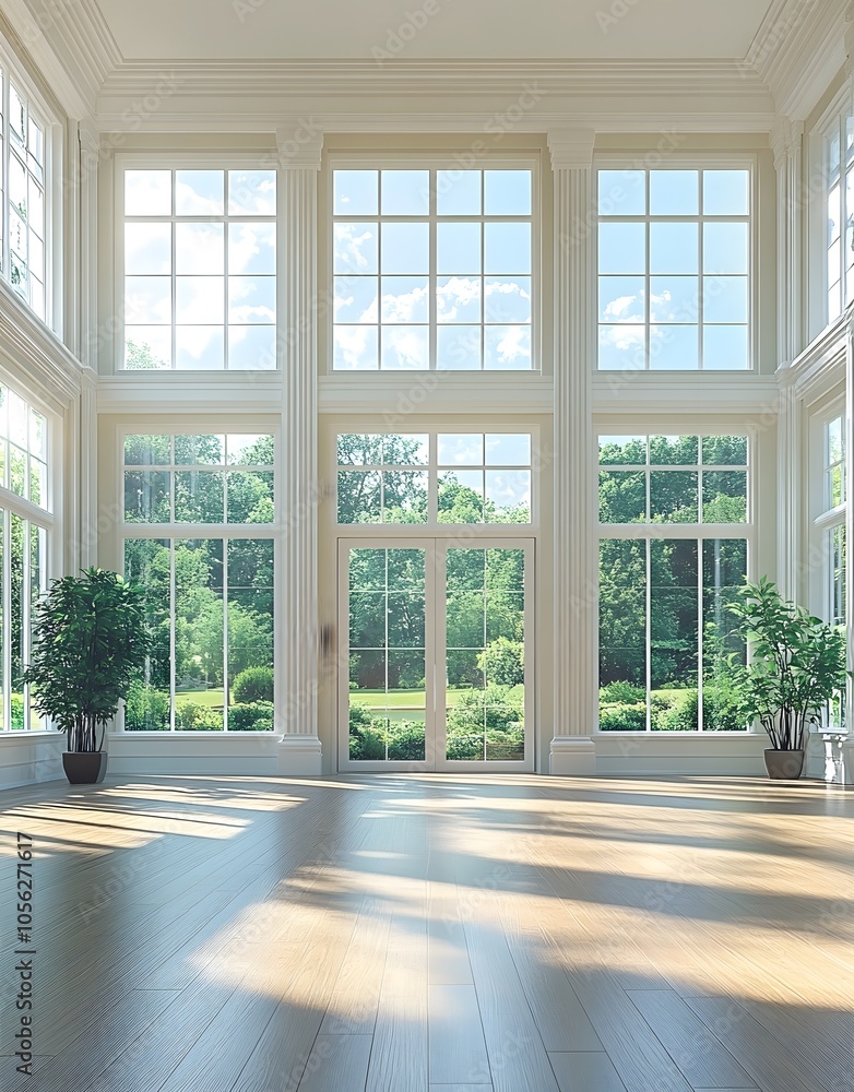 Fototapeta premium Bright, spacious room with large windows and a view of greenery outside.
