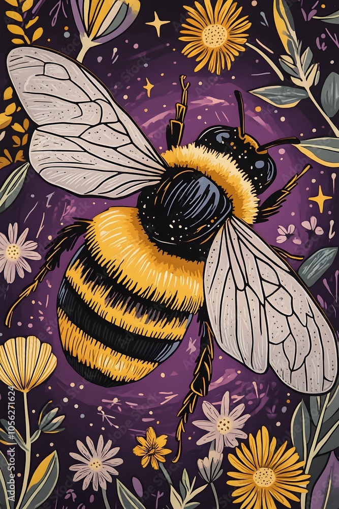 A close-up of a bumblebee sticker, yellow and black with a purple background, in a cartoon style, with flowers around the bee and a starry night sky in the background