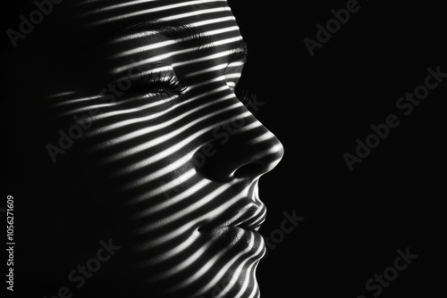 Artistic silhouette of a woman with striped light pattern in monochrome. Stress Awareness Day. World hypnotism day