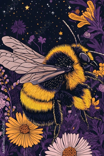 Obraz na płótnie A close-up of a bumblebee sticker, yellow and black with a purple background, in a cartoon style, with flowers around the bee and a starry night sky in the background w salonie