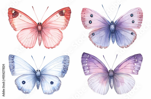 Butterfly Watercolor illustration. Colorful Butterflies clipart set. Pink butterfly. Girl baby shower design elements. Party invitation, birthday celebration. Spring or summer decoration