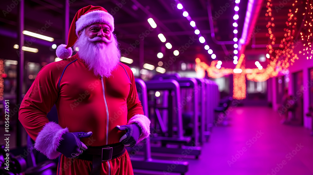 A man dressed as Santa Claus standing in a gym A man dressed as Santa Claus standing in a gym