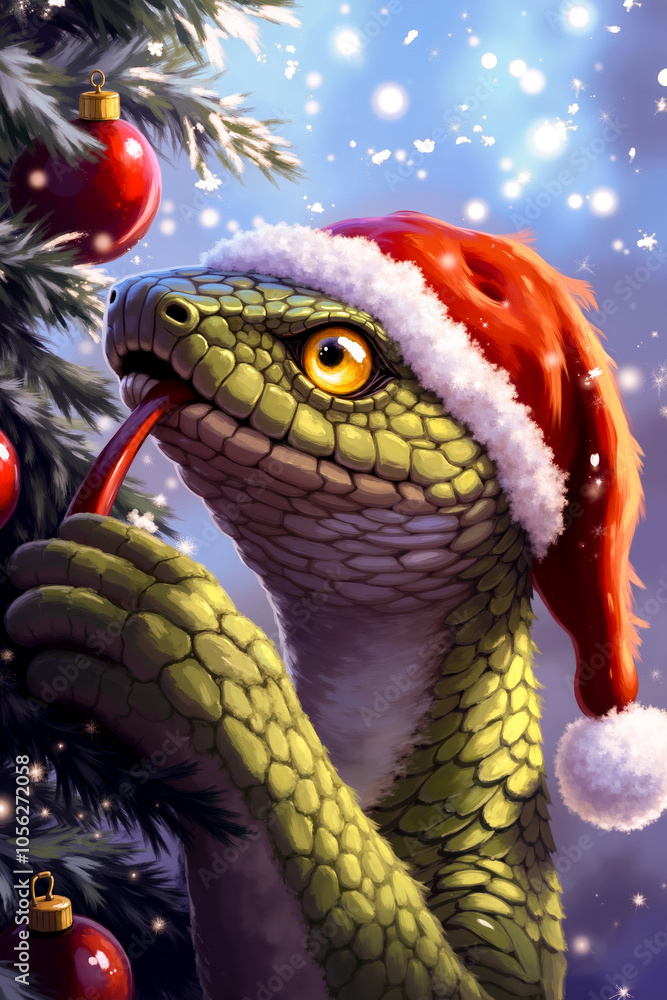 Fototapeta premium A green snake wearing a santa hat next to a christmas tree