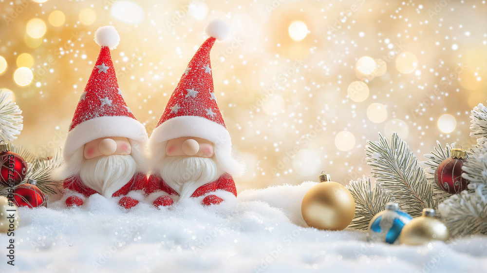 Two cute Christmas gnomes in red Santa hat with tree decoration Two cute Christmas gnomes in red Santa hat with tree decoration
