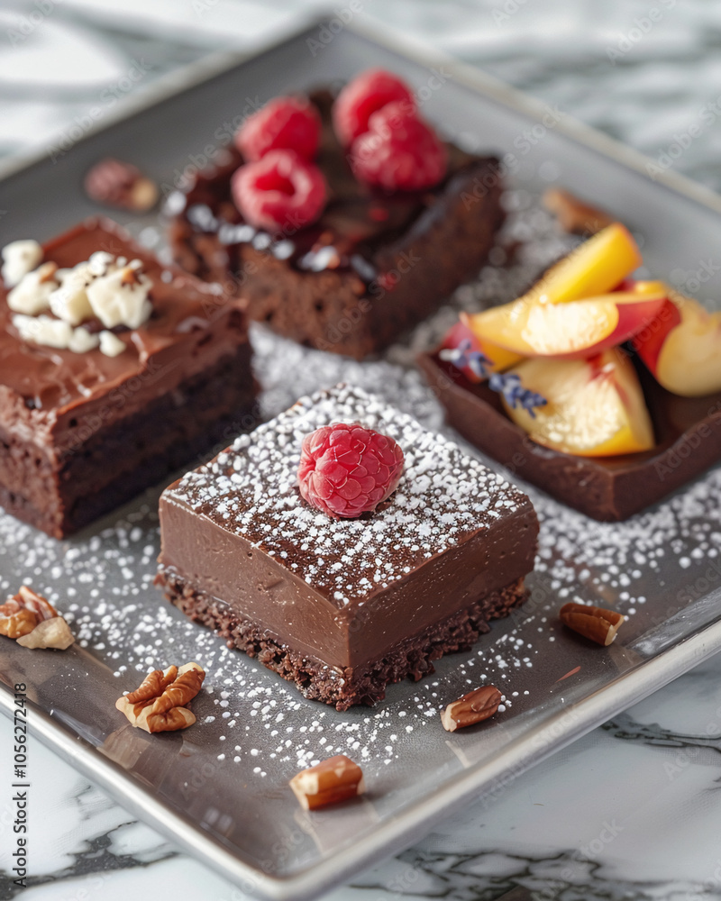 Four decadent chocolate desserts are arranged on a gray plate. The desserts are topped with various fruits, nuts, and powdered sugar