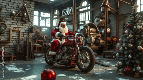 Wallpaper Mural A man dressed as Santa Claus riding a motorcycle in a garage Torontodigital.ca