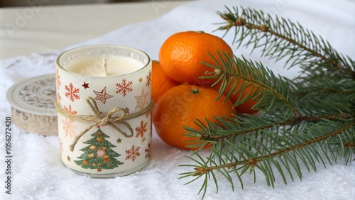 A festive candle in a decorative glass vessel decorated with red snowflakes is mounted on a white surface. Surrounded by pine branches, fresh oranges and slices of dried citrus fruits, this compositio photo