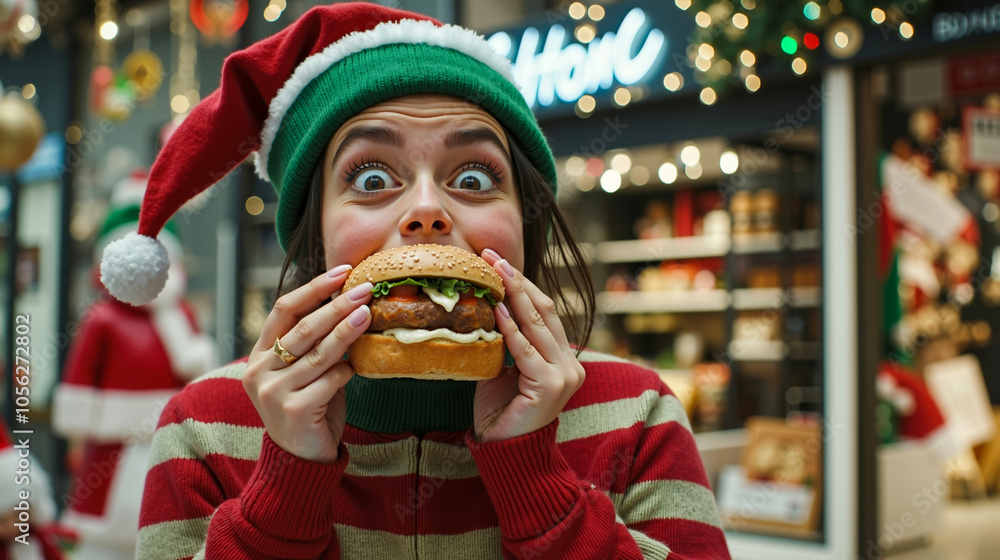 A woman in a santa hat eating a hamburger in a store A woman in a santa hat eating a hamburger in a store