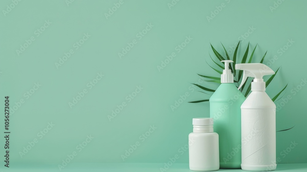 Three white toilet paper rolls with eco-friendly cleaners and space for text. Three white toilet paper rolls with eco-friendly cleaners and space for text.