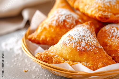 Warm, flaky pastries glisten with a light sprinkle of powdered sugar, arranged in a charming basket showcasing their golden hue and inviting aroma photo