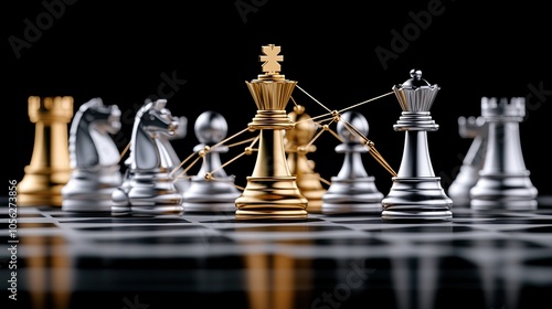 A striking golden chess piece stands amongst interconnected silver pieces, symbolizing strategy and innovation in a digital landscape photo