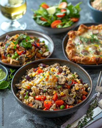 A bowl of quinoa with vegetables and cheese sits on a table with other dishes