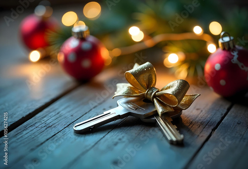 A glossy bow with apartment keys on a dark surface with a blurred Christmas ornaments and lights in the background