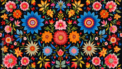 Russian folk art, bright colors, traditional patterns