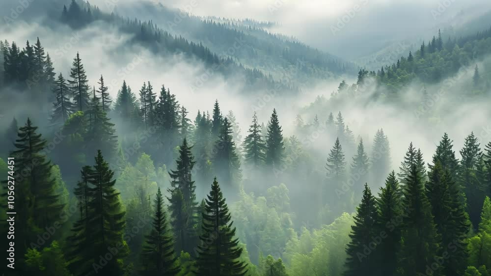 A misty forest landscape showcasing tall trees and a serene atmosphere. A misty forest landscape showcasing tall trees and a serene atmosphere.