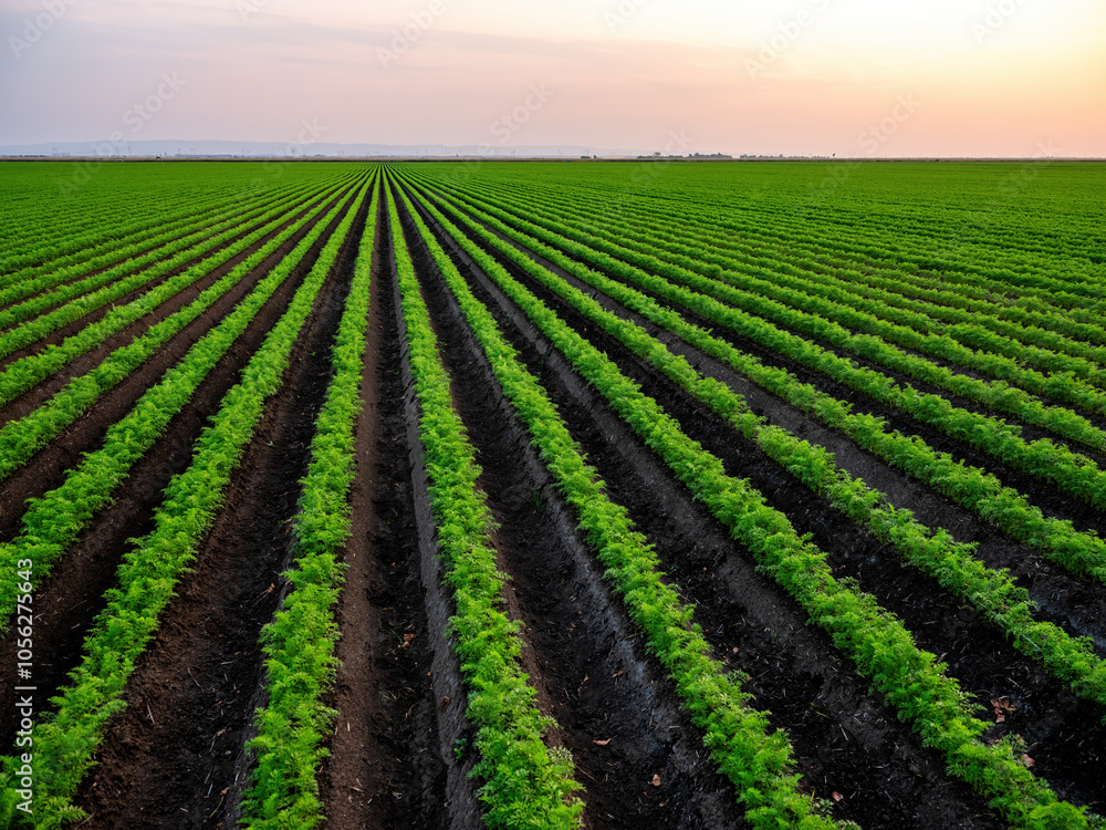 Agricultural landscape at sunset with symmetrical carrot crop rows under a colorful sky Agricultural landscape at sunset with symmetrical carrot crop rows under a colorful sky
