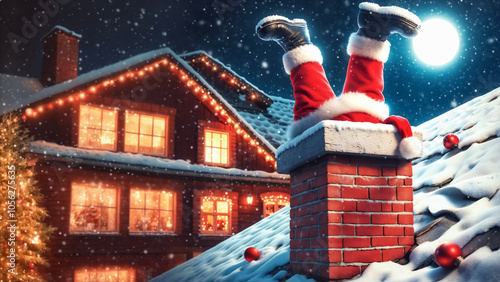 Santa Claus stuck upside down in chimney, humorous Christmas scene with snowy rooftops, full moon, and cozy lit windows in background. Holiday mishap concept.