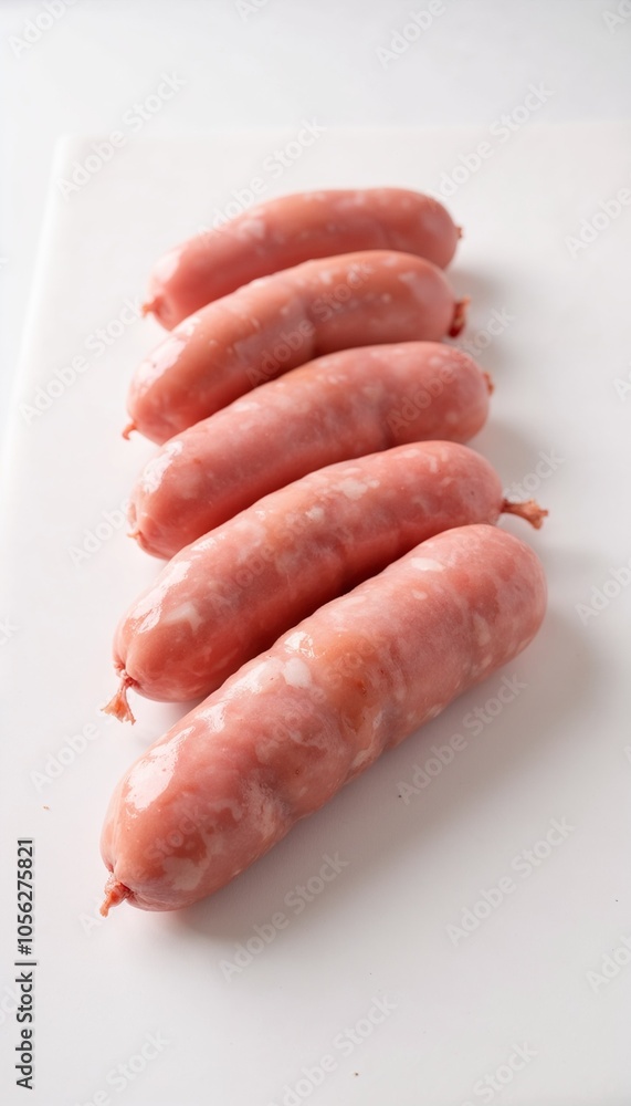Fresh Raw Sausages Arranged in Linear Pattern on White Background with Copy Space Fresh Raw Sausages Arranged in Linear Pattern on White Background with Copy Space